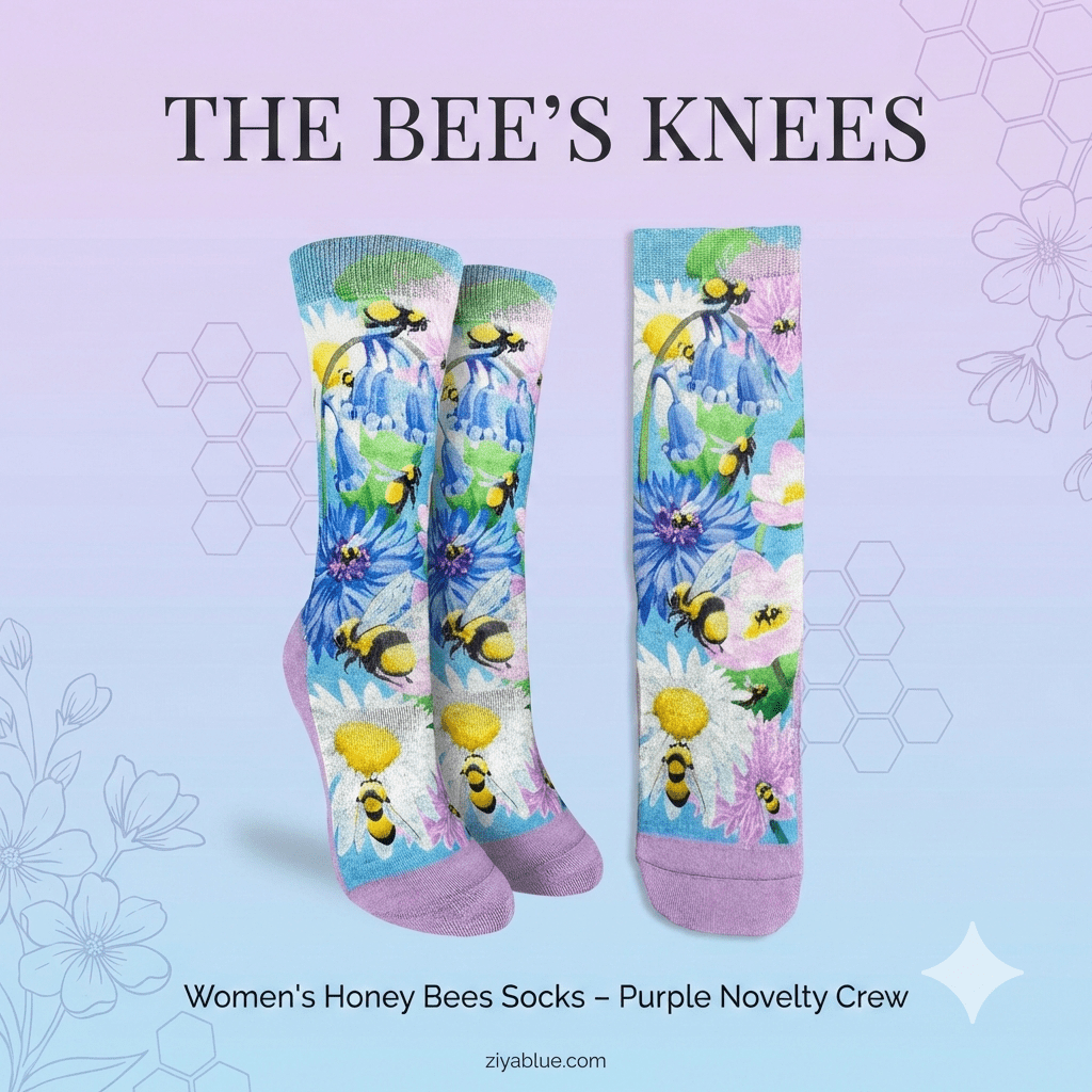 Women's Honey Bees Socks – Purple Novelty Crew (The Bee's Knees) - Ziya Blue