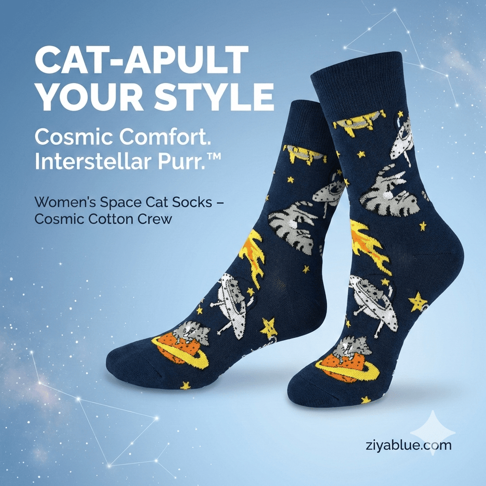 Women's Space Cat Socks – Cosmic Cotton Crew (Interstellar Purr) - Ziya Blue